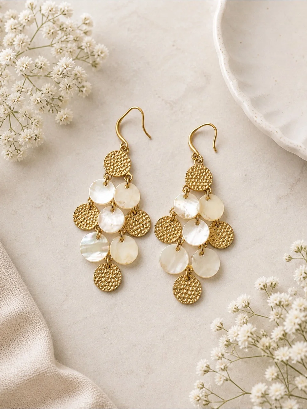 Gold Tone Mother of Pearl Disc Chandelier Dangle Earrings